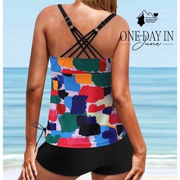 Tempt Me Strappy Back Boy Short Tankini Swimsuit Size L - Picture 2 of 6
